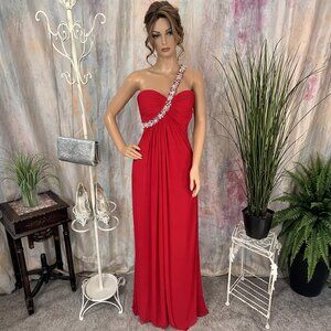 📌 One-Shoulder Draped Chiffon Beaded Plated Bodice Gown Deep Back Neckline